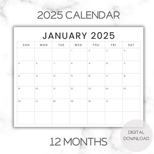 Minimal 2025 Monthly Calendar, Instant Digital Download, 8 1/2x11 PDF