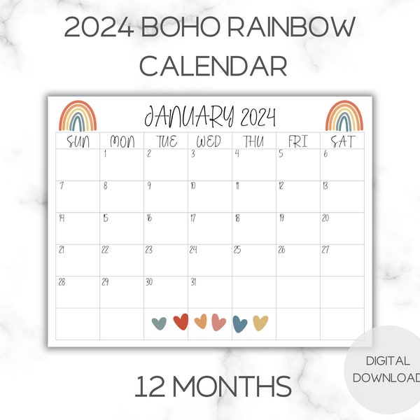 2024 Boho Rainbows & Hearts Monthly Calendar, Instant Digital Download, 8 1/2x11 PDF