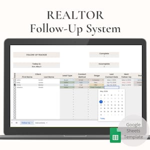 Puede incluir: Una computadora portátil que muestra una plantilla de "REALTOR Follow-Up System". La pantalla muestra una hoja de cálculo con información del cliente, detalles de contacto y fechas de seguimiento. Un calendario está abierto, resaltando mayo de 2026. El logotipo de Google Sheets Template es visible.