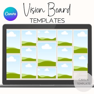 Può includere: Uno schermo di un laptop mostra un modello di vision board. Lo schermo è diviso in sezioni con grafiche di paesaggi e cieli. Il logo Canva si trova nell'angolo in alto a sinistra e le parole "Vision Board TEMPLATES" sono scritte in un font script.