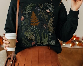 Sudadera con estampado de helechos y flores silvestres, jersey botánico con motivos de bosque, regalo para amantes de la naturaleza.