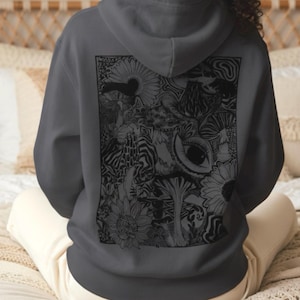 Umweltfreundliches mystisches Kapuzen-Sweatshirt: Psychedelische Pilz-Sonnenblume-Kapuzen-Sweatshirt, Bio-Baumwolle Cottagecore-Pullover