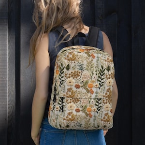 Faux Embroidered Backpack Handmade Laptop Bag Flowers Office Bag Book Backpack Botanical Gift for Women Cottagecore Backpack Garden Witch