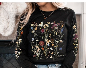 Cottagecore T-shirt met geperste bloemen en lange mouwen – T-shirt Botanical Wildflower