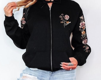 Vintage Blumen Zip Hoodie Ärmel Print Kapuzen Sweatshirt Botanische Pull Natur Hoodie