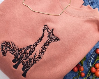 刺繍入りキツネのスウェットシャツ、ミニマルな木の枝の刺繍、森の自然をモチーフにしたギフト