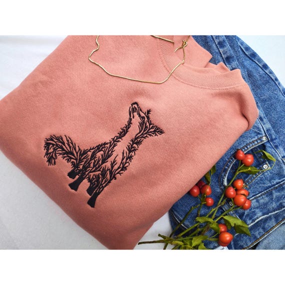 Embroidered Fox Sweatshirt, Minimal Tree Branch Embroidery, Woodland Nature Gift