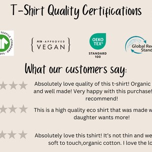 May include: A white background with the text "T-Shirt Quality Certifications" in black.  There are five logos: Global Organic Textile Standard (GOTS), Peta Approved Vegan, Oeko-Tex Standard 100, Global Recycled Standard, and a floral logo for "Petites Fleurs".  Below the logos is the text "What our customers say:" followed by three five-star ratings and customer reviews.