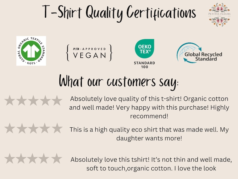 May include: A white background with the text "T-Shirt Quality Certifications" in black.  There are five logos: Global Organic Textile Standard (GOTS), Peta Approved Vegan, Oeko-Tex Standard 100, Global Recycled Standard, and a floral logo for "Petites Fleurs".  Below the logos is the text "What our customers say:" followed by three five-star ratings and customer reviews.