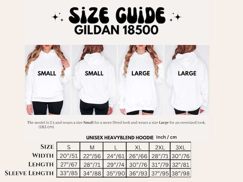 May include: A Gildan 18500 size guide for a white unisex heavyblend hoodie. The chart displays front and back views of small and large sizes, with a table listing width, length, and sleeve length measurements in inches and centimeters.