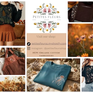 May include: A collage featuring a black sweatshirt with botanical embroidery, a brown pleated skirt, a dark brown hoodie with moon phases, a teal t-shirt with a jellyfish design, a black floral t-shirt, and mesh tote bags with embroidered details.