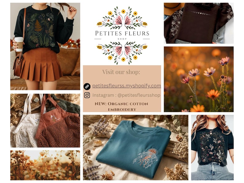 May include: A collage featuring a black sweatshirt with botanical embroidery, a brown pleated skirt, a dark brown hoodie with moon phases, a teal t-shirt with a jellyfish design, a black floral t-shirt, and mesh tote bags with embroidered details.