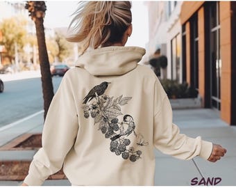 Brombeere & Vogel Linolschnitt Hoodie - Botanische Kunst Sweatshirt