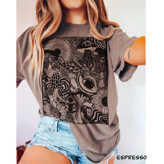Vintage Mushroom T-shirt: Mystical Linocut T Shirt, Sunflower Cottage Core Shirt