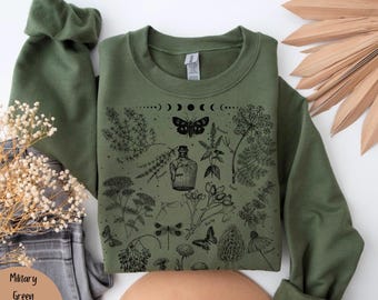 Himmlisches Kräuter-Sweatshirt: Mondphasen ziehen mystischen Pullover grüne Hexenkleidung