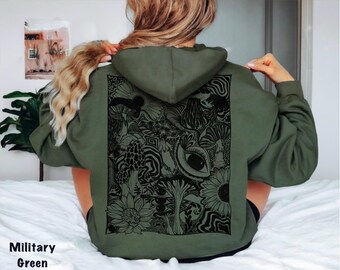 Mystical Linocut Hoodie Mushrooms, Sunflowers & Third Eye – Witchy Cottagecore Sweater
