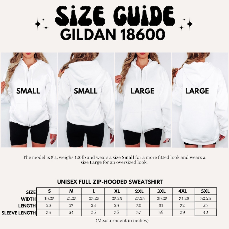 May include: A size guide for the Gildan 18600 unisex full zip-hooded sweatshirt. The image displays four views of a white zip-up hoodie in sizes small and large, alongside a table listing width, length, and sleeve length measurements in inches.