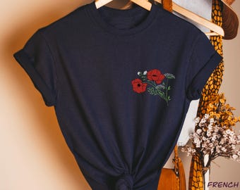 Embroidered Flower T-shirt Organic Cotton Poppy T shirt, Wildflower Botanical Tee