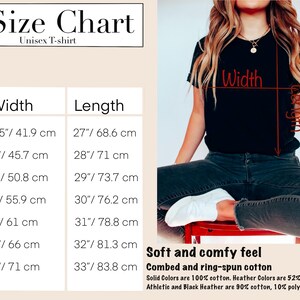 May include: A size chart for a unisex t-shirt, with measurements in inches and centimeters. The chart includes sizes XS to 3XL, with width and length dimensions. The image also shows a person wearing a black t-shirt and jeans.