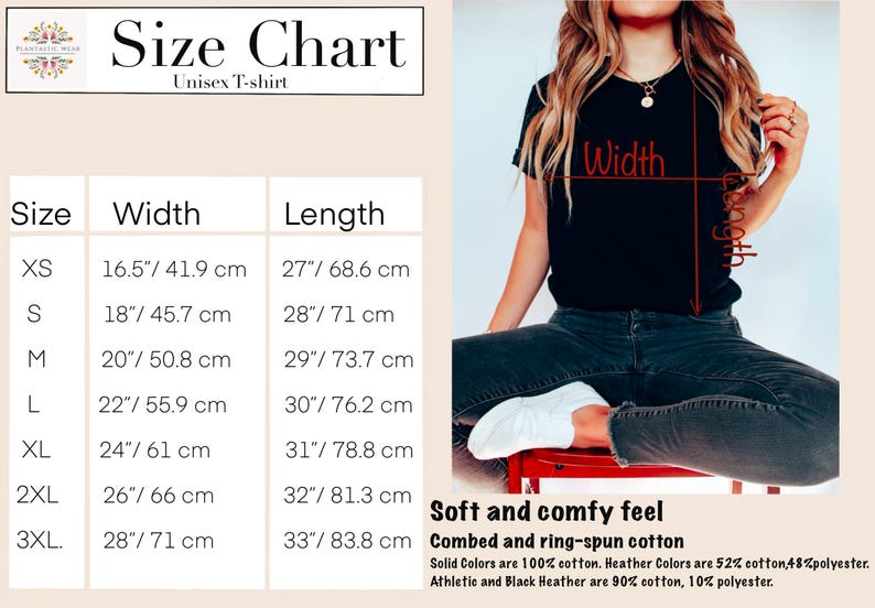 May include: A size chart for a unisex t-shirt, with measurements in inches and centimeters. The chart includes sizes XS to 3XL, with width and length dimensions. The image also shows a person wearing a black t-shirt and jeans.