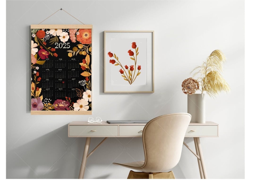 2025 Wall Art Calendar Poster Calendar With Hangers Boho Floral
