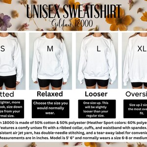 May include: White unisex sweatshirt with the text "UNISEX SWEATSHIRT" and size options S, M, L, and XL. The image includes information on fit, including fitted, relaxed, looser, and oversized. The Gildan 18000 is made of 50% cotton and 50% polyester.