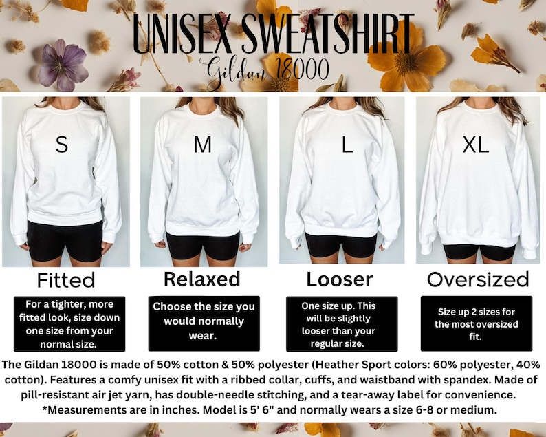 May include: White unisex sweatshirt with the text "UNISEX SWEATSHIRT" and size options S, M, L, and XL. The image includes information on fit, including fitted, relaxed, looser, and oversized. The Gildan 18000 is made of 50% cotton and 50% polyester.