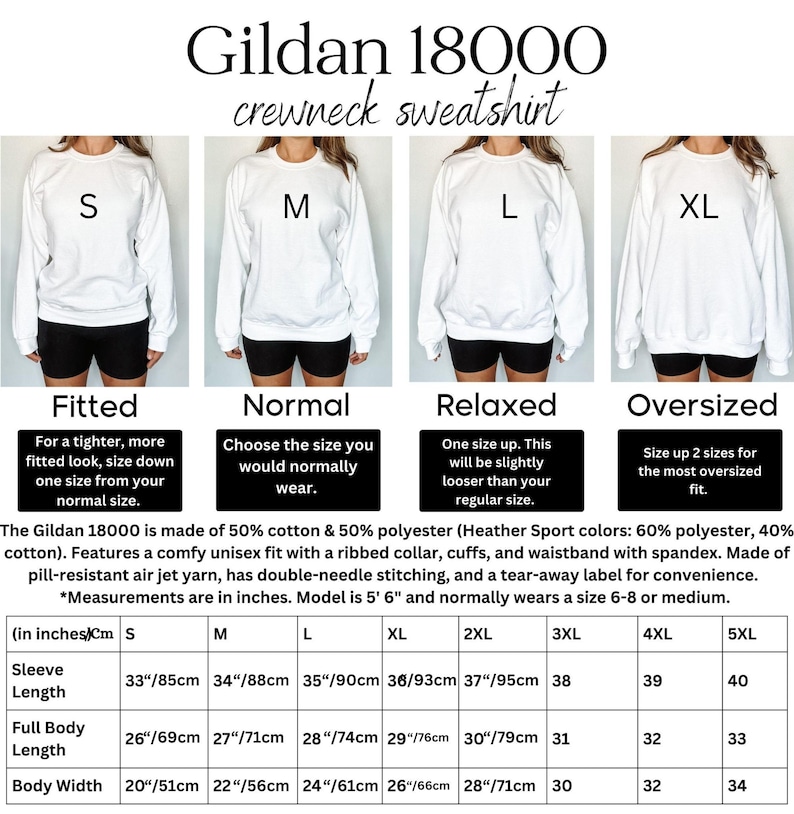 K&ouml;nnte beinhalten: Gr&ouml;&szlig;entabelle f&uuml;r Gildan 18000 Crewneck-Sweatshirts. Die Tabelle zeigt die Ma&szlig;e in Zoll und Zentimetern f&uuml;r verschiedene Gr&ouml;&szlig;en von S bis 5XL. Die Tabelle enth&auml;lt auch Beschreibungen der Passform f&uuml;r jede Gr&ouml;&szlig;e: Eng anliegend, Normal, Locker und &Uuml;bergr&ouml;&szlig;en.