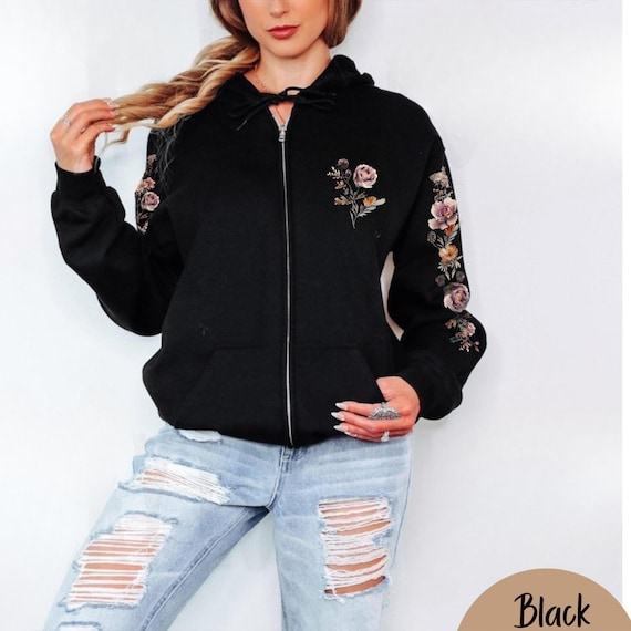 Vintage Flower Zip Hoodie Sleeve Print Hooded Sweatshirt Botanical Pull Nature Hoodie