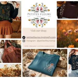 May include: A collage featuring apparel with botanical and celestial embroidery, including a black sweatshirt, a teal t-shirt with a jellyfish design, and a black t-shirt with floral patterns. The shop name Petites Fleurs is displayed with floral accents.