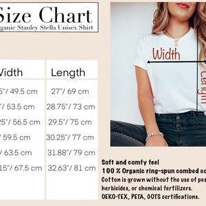 May include: Size chart for a unisex organic cotton t-shirt. The chart shows the width and length measurements in inches and centimeters for sizes S, M, L, XL, 2XL, and 3XL. The text "Soft and comfy feel 100% Organic ring-spun combed cotton Cotton is grown without the use of pesticides, herbicides, or chemical fertilizers. OEKO-TEX, PETA, GOTS certifications." is also included.