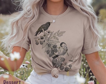 Organic Cotton Bird & Berry T-shirt: Eco-friendly Cottagecore Flower Tee