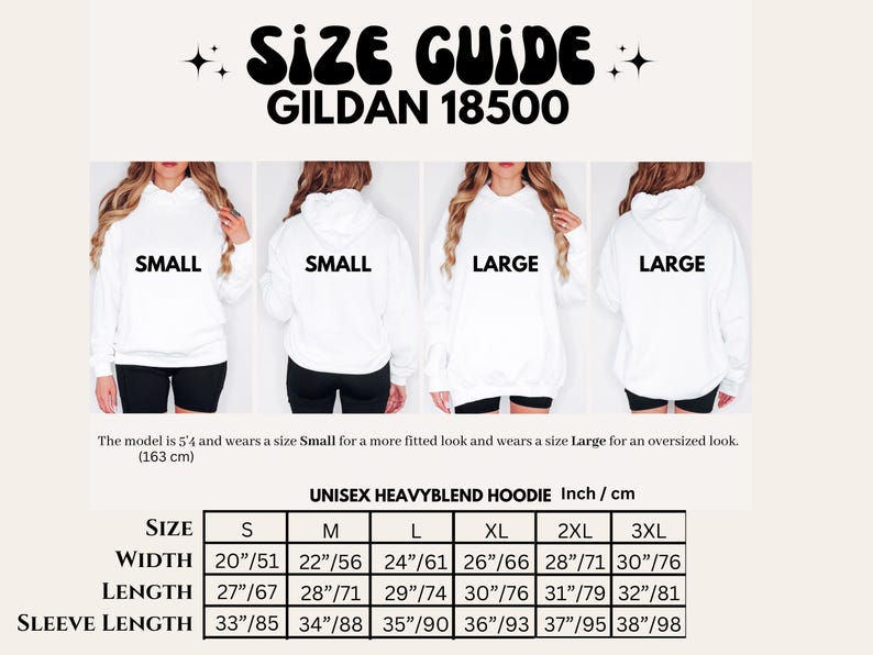 K&ouml;nnte beinhalten: Gr&ouml;&szlig;entabelle f&uuml;r einen Unisex-Hoodie Gildan 18500. Modelle tragen die Gr&ouml;&szlig;en S und L. Ma&szlig;e in cm f&uuml;r Breite, L&auml;nge und &Auml;rmell&auml;nge, von S bis 3XL. Das Model ist 163 cm gro&szlig;.