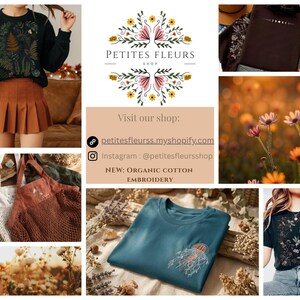 May include: A collage featuring a black sweatshirt with botanical embroidery, a brown pleated skirt, a dark brown hoodie with moon phases, a teal t-shirt with a jellyfish design, a black floral t-shirt, and mesh tote bags with embroidered details.