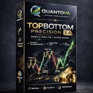 May include: A product box with the text "QUANTOVA" and "TOPBOTTOM PRECISION EA". The box features a chart with green and red lines, gold bars, and the MetaTrader 5 logo. The box is black with gold lettering.