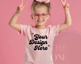 Pink Kids Bella Canvas 3001 , Kids tshirt Mock-up,Child Tee Mockup,girl model,JPG File,PNG File