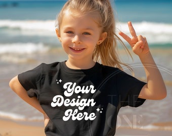 Black Kids Bella Canvas 3001, T-shirt per bambini Mock-up, T-shirt per bambini Mock-up, Modella ragazza, File JPG, File PNG