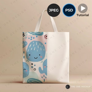 Könnte beinhalten: Weißer Stofftaschen-Mockup mit einem farbenfrohen Design mit abstrakten Formen und einer blauen Figur mit einem lächelnden Gesicht. Das Design umfasst die Farben Pink, Blau und Grün.