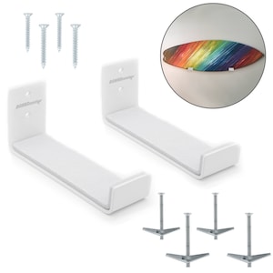 May include: Two white surfboard wall mounts with foam padding, labelled "Board Butler", and four silver screws. The mounts are shown with a surfboard hanging on the wall.