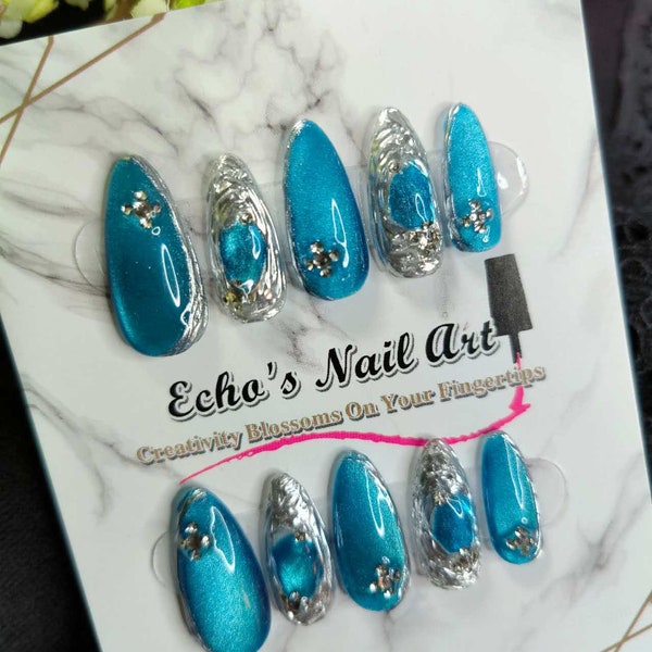 Blue Tigers eye Nails/Metallic Glossy Press On Nails/Buccellati Style Nails/Crystal Acrylic Nails/Handmade/Almond Nails/Fake Nails/Glue On