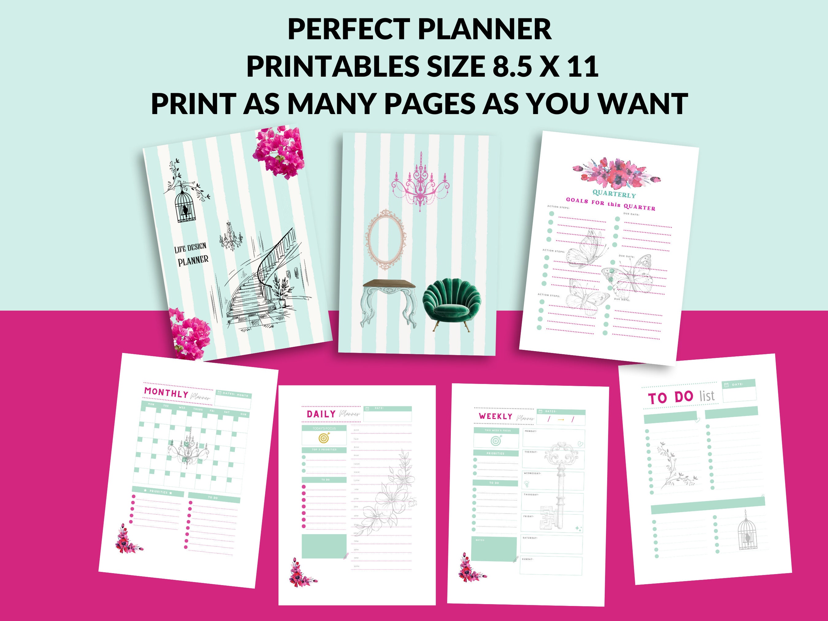 Beautiful Simple Digital Printable Planner Mint Stripes Fushia Flowers ...
