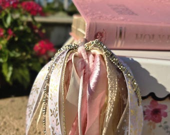 Handmade Ribbon Bible Bookmark Tassel, Lace & Beaded Charm Pink Christmas