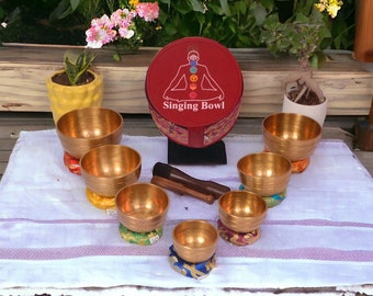 Tibetan singing bowl set of 7 chakra tuned sound bowls meditation set for beginners, mini sound bowl meditation set for mindfulness