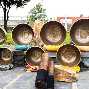 Singing bowls set of 7 chakra engrave bowls with base for meditation and yoga gift bowl mini set bowls easy to carry tibetan bowls SALE