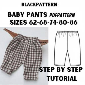 Op de afbeelding: Babybroekenpatroon met maten 62-86. De afbeelding toont een bruin-witte geruite babybroek en een lijntekening van de broek. De tekst luidt "Step by Step Tutorial".