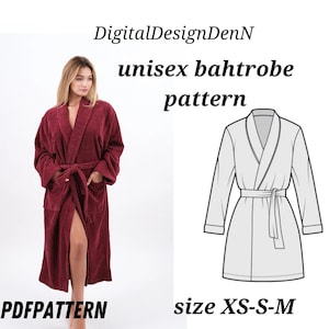 May include: A digital pattern for a unisex bathrobe in sizes XS-S-M. The pattern is shown in a line drawing on the right side of the image. A woman is wearing a burgundy bathrobe on the left side of the image. The text "PDF PATTERN" is at the bottom left of the image.