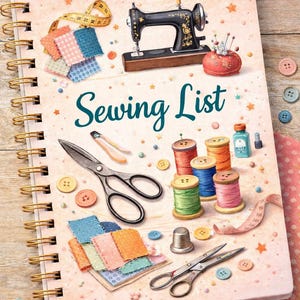 Pode incluir: Um caderno espiralado intitulado "Sewing List" com ilustrações de ferramentas e materiais de costura. A imagem inclui uma máquina de costura em miniatura, carretéis de linha, tesouras, botões e amostras de tecido. A paleta de cores é suave, com tons pastel.