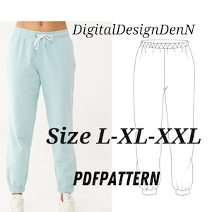 Puede incluir: Un patrón digital PDF para pantalones de chándal en tallas L, XL y XXL. El patrón se muestra en un pantalón de chándal azul claro.