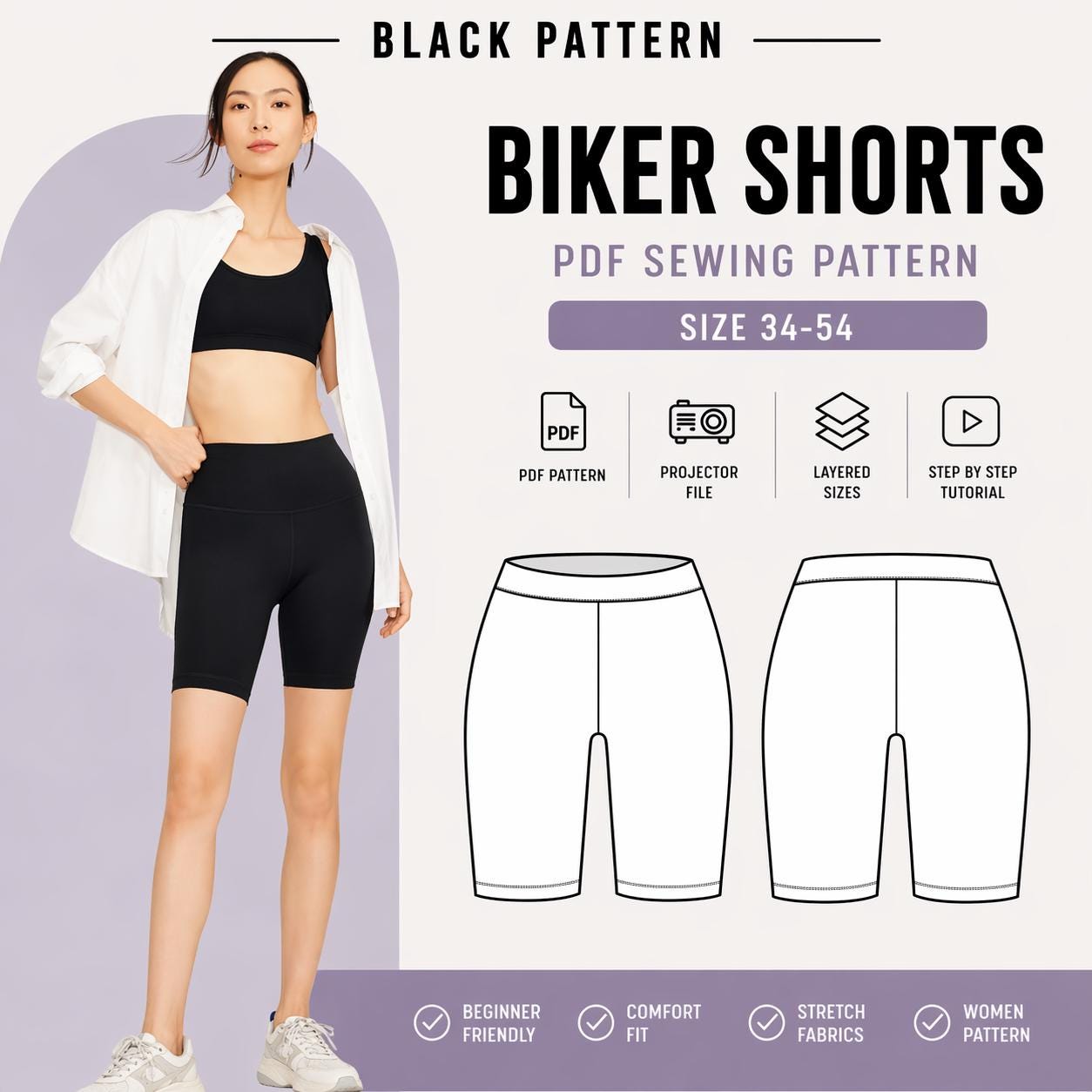 Womens Biker Shorts Sewing Pattern PDF, Beginner Activewear XS-2XL