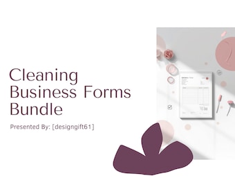 以下が含まれることがあります： 濃い紫色のフォントで「Cleaning Business Forms Bundle」というテキストが入った白い背景。画像には、サンプルフォーム、装飾要素、および「Presented By: [designgift61]」というテキストも含まれています。